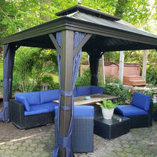 Load image into Gallery viewer, 【Outdoor Idea】PURPLE LEAF  Hardtop Gazebo with Bronze Aluminum Frame Navy Blue Curtain Outdoor Dining Sets-Bundle sales
