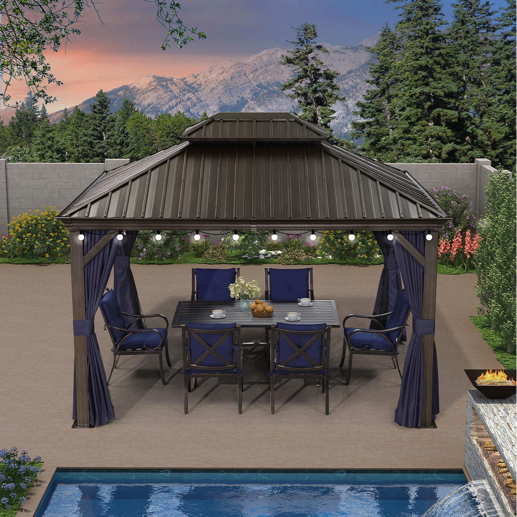 PURPLE LEAF Outdoor Hardtop Gazebo for Patio Bronze Aluminum Frame Pavilion with Navy-Blue Curtain and String Lights