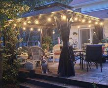 Afbeelding in Gallery-weergave laden, PURPLE LEAF Outdoor Hardtop Gazebo for Patio Bronze Aluminum Frame Pavilion with Navy-Blue Curtain and String Lights
