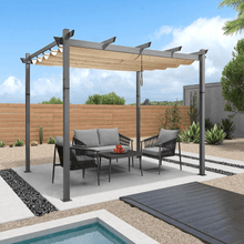 Afbeelding in Gallery-weergave laden, OPEN BOX I PURPLE LEAF Outdoor Retractable Pergola with Sun Shade Canopy Patio Metal Shelter for Garden Porch Beach Pavilion Wood Grain Frame Gazebo Yard Pergola
