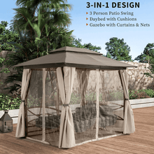 Charger l&#39;image dans la galerie, PURPLE LEAF 3 Person Patio Porch Swing with Netting Curtains, Daybed is Adjustable, Beige
